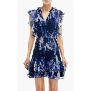 Socialite Blue Floral Surplice V-Neck‎ Ruffle Flounce Mini Dress Size Medium NWT